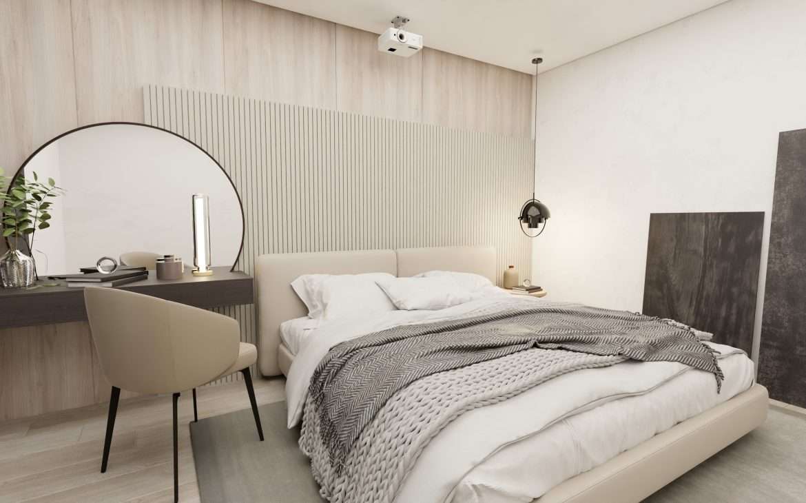a modern bedroom with trendy accessories