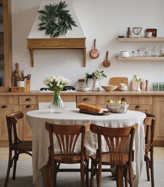 a Scandinavian kitchen with brown wooden cabinets