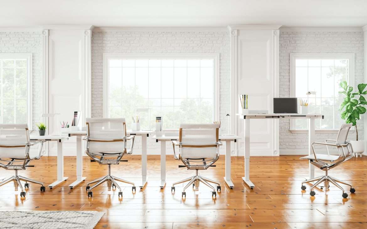 healthier office space with white chairs on a brown floor